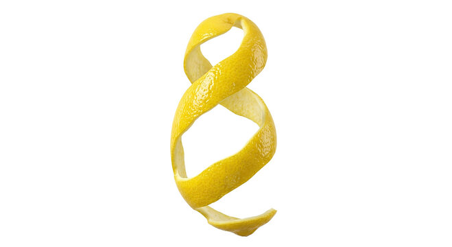 A spiral twist of fresh bright yellow lemon citrus fruit peel high quality 4K PNG image in high quality 4K PNG image in white background