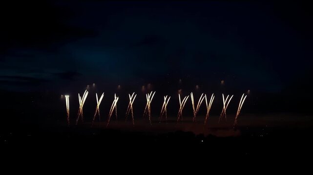 Fireworks night skyline silhouette celebration pyrotechnics green gold festive display over city