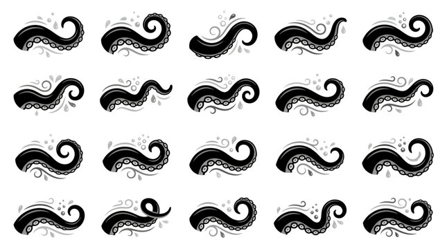 Collection of black and grey stylized octopus tentacles with suction cups and water bubbles on white background, symbolizing marine life design and representing sea creature graphics