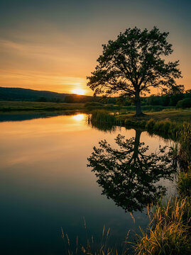 Soleil couchant sur un lac calme avec le reflet d'un grand arbre et des collines lointaines dans la lumi?re dor?e du cr?puscule
