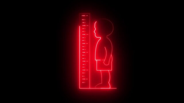 glowing neon Child's Height Measurement icon isolated on black background. Growth chart with child silhouette representing body measurement growth tracking