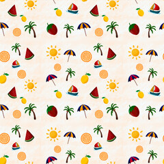 seamless summer-themed pattern background featuring repeated hand-drawn illustrations of beach and tropical icons © nita