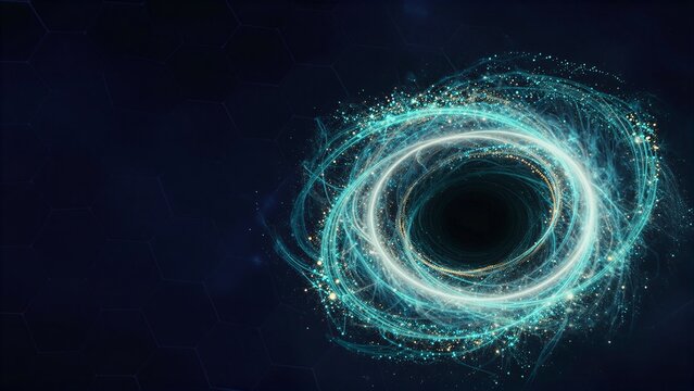 A glowing blue vortex spins amidst hexagonal patterns, radiating energy and light.