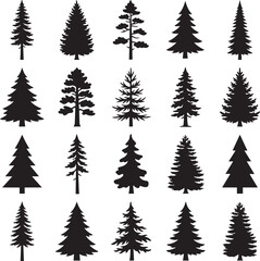 Obraz premium Pine Tree Silhouettes Set Evergreen Forest Spruce Conifer Vector Icons