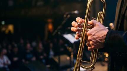 Fototapeta premium Musician playing a golden trumpet during a live jazz concert performance