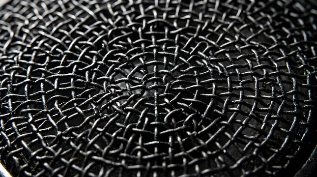 Macro close-up shot of a black metal microphone wire mesh grille pattern