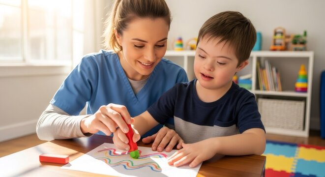 Therapist helping boy with down syndrome during drawing lesson. Inclusive education and specialized care for child development. Support, patience and early intervention in clinical setting.