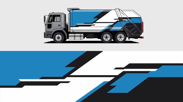 Modern Garbage Truck with Blue and White Abstract Design.