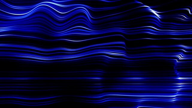 Blue metallic wavy lines undulating smoothly in dark 3D abstract space animation.