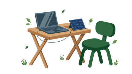 Fototapeta premium Eco-friendly portable workspace with a laptop and solar panel setup, promoting sustainable remote work and green energy solutions for environmental campaigns, technology blogs, and outdoor office