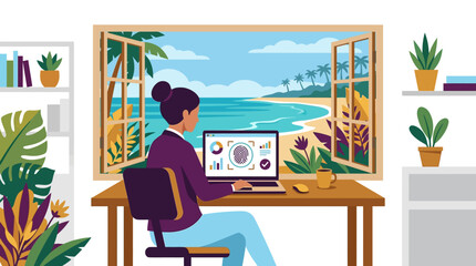 Fototapeta premium Productive remote worker at a desk with an open window to a tropical beach, representing work-life balance, digital nomad freedom, and ideal vacation work scenarios.