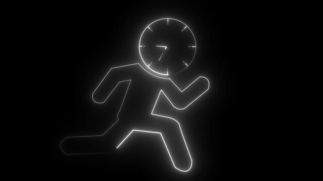 glowing neon running person with a clock icon, Representing urgency, time management, deadlines, productivity, or rushing to meet a target. 4k video animation.