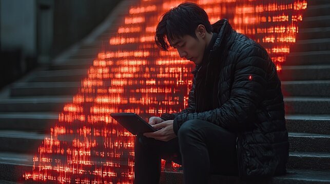 Young man using tablet on stairs with abstract glowing red digital background, technology, connection, modern life