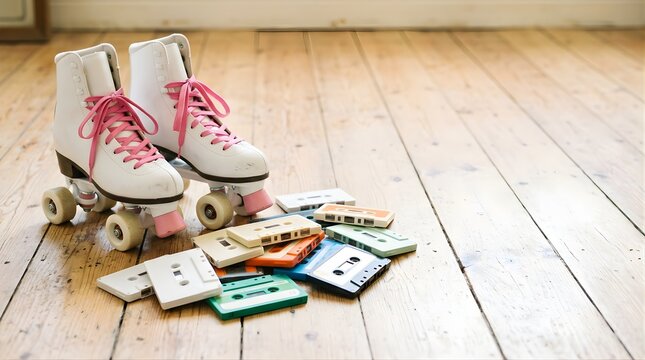 Retro roller skates and vintage audio cassettes on a wooden floor