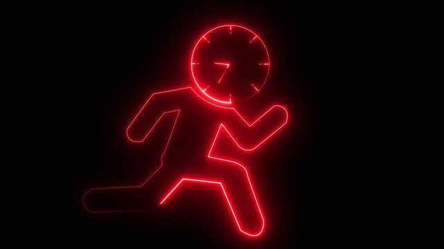 glowing neon running person with a clock icon, Representing urgency, time management, deadlines, productivity, or rushing to meet a target. 4k video animation.