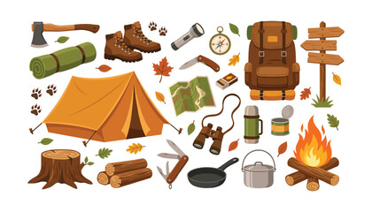 Camping and outdoor adventure vector icon set featuring tent backpack campfire binoculars map and survival equipment elements © Ruma