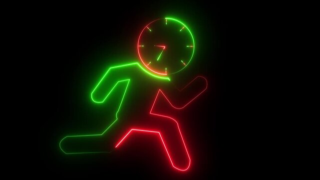 glowing neon running person with a clock icon, Representing urgency, time management, deadlines, productivity, or rushing to meet a target. 4k video animation.