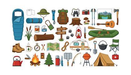 Camping and outdoor recreation vector icon set featuring tourist tent camper trailer boat backpack and wilderness adventure gear © Ruma