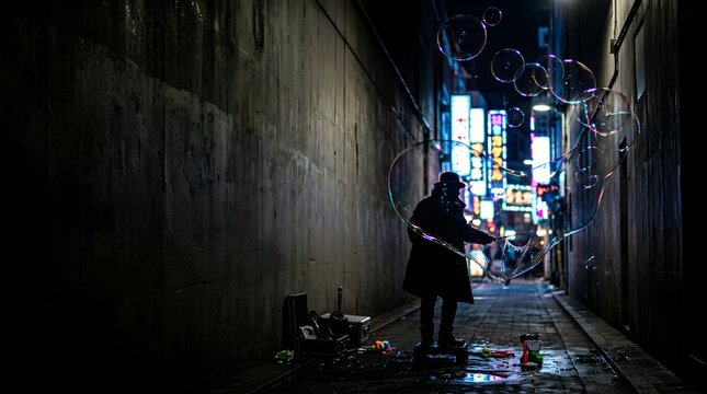 Street performer making large soap bubbles in a neon city alley at night