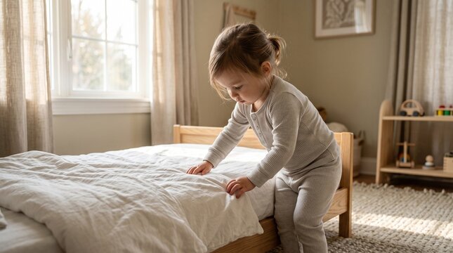 Toddler girl standing by her bed making the sheets in a sunny bedroom