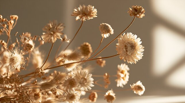 Warm neutral dried flower arrangement with seed heads and soft natural light, autumn botanical background with copy space
