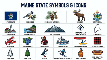 Obraz premium A comprehensive icon sheet showcasing various state symbols, natural landmarks, and cultural elements on a clean white background, perfect for educational materials and travel guides
