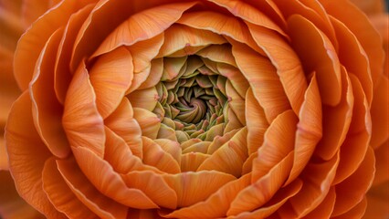 Obraz premium Vibrant orange petals spiral inward, revealing a green center in mesmerizing pattern.