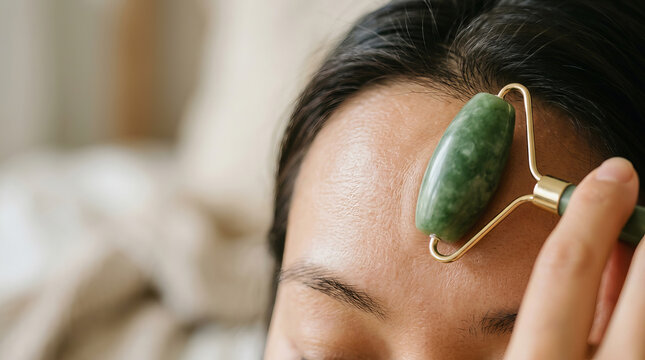 Woman using a green jade facial roller on her forehead for skincare and relaxation at home.