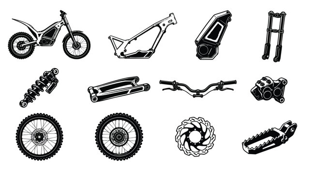 Electric Trial Bike Components Vector Illustration Set Isolated White Background