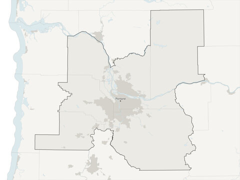 Portland-Vancouver-Hillsboro metropolitan area vector map with county boundaries, urban footprint and hydrography, Oregon and Washington, USA