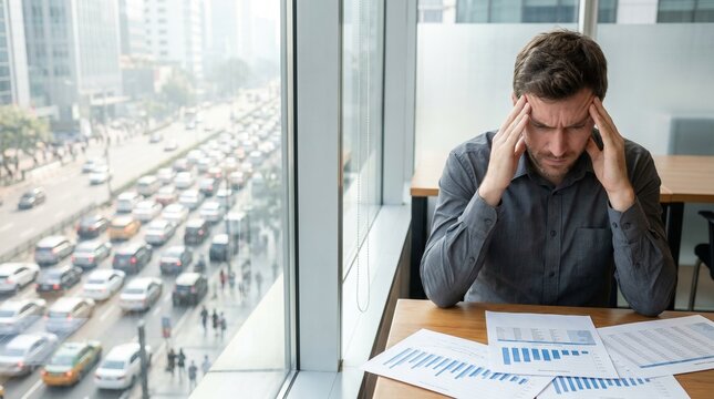 Man with headache from traffic noise in meeting corner near window overlooking city