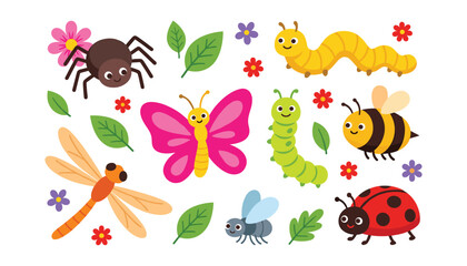 Cute insects and bugs vector set featuring cartoon butterfly bee ladybug caterpillar spider dragonfly isolated on white background © Ruma