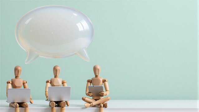 Three wooden figures use devices under a large speech bubble, symbolizing communication.