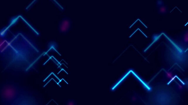Glowing neon chevron arrows floating upwards in a futuristic motion design background.