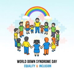 Fototapeta premium Diverse group of man, woman and child holding hands in circle for World Down Syndrome Day. Colorful rainbow and puzzle pieces background symbolizing community, equality and inclusive society.