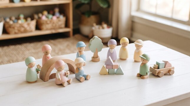 Wooden peg dolls playset on white table in Montessori playroom, pastel colored toy figures with building blocks arch bridge and toy tree, kids open ended wooden toys