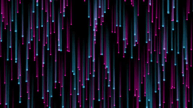 Magenta and cyan light particles falling like digital rain on a black background, a modern backdrop for technology and data visuals