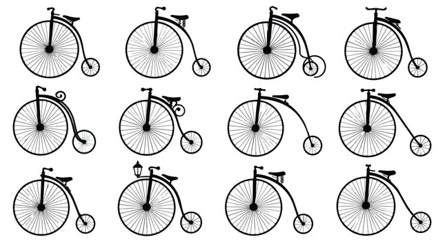 Vintage Penny-farthing Bicycles Silhouette Pattern Icons Collection on White.