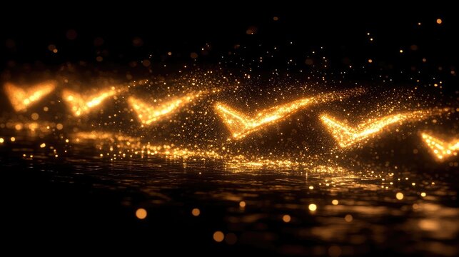 Golden Checkmarks Sparkle on Dark Background: Success, Achievement, and Positive Results