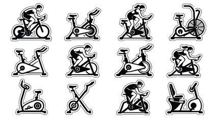 Obraz premium Collection of Black and White Vector Stationary Exercise Bike Icons