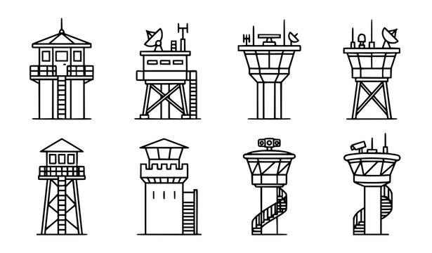 Minimalist security watchtower icon vector set with modern observation tower line art symbols