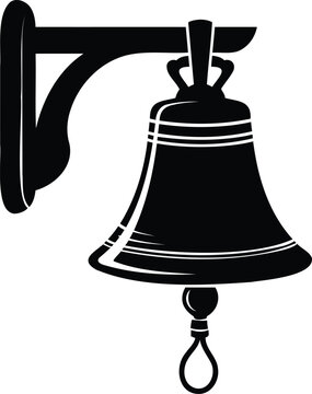 Classic traditional antique ship or school bell silhouette vector icon illustration mounted on a decorative bracket