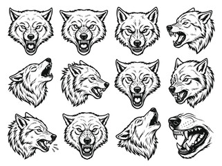 Obraz premium Wolf Head Vector Art Set Bundle Fierce Howling Snarling Angry Animal Mascot Design