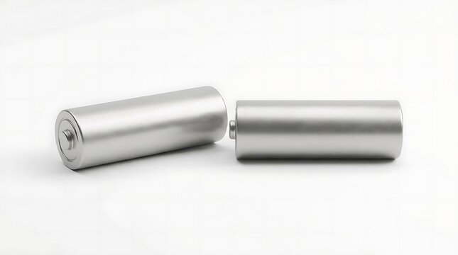 Two aa batteries resting on a clean white background featuring a realistic 3d render of metallic power cells for electronic devices and energy storage