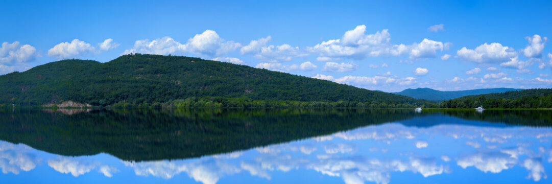 Fort Ticonderoga and South Mountain in New York over Lake Champlain, viewed from Mount Independence Park in Orwell, Vermont, USA