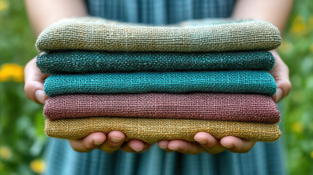 Hands holding stack of textured fabric towels in earth tones and teal, outdoor blurred green background, natural material concept