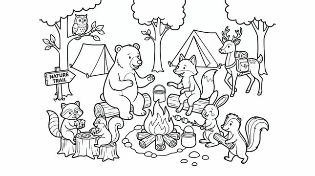 Black and White Coloring Page of Woodland Animals Camping Around a Campfire with Tents, Nature Trail Sign, and Trees, Outline Vector Illustration