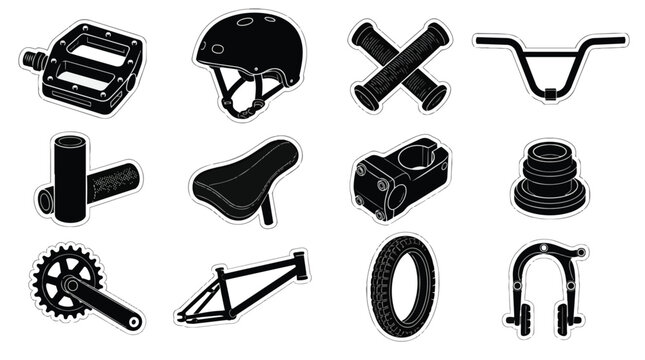 Black and White BMX Bicycle Parts Sticker Illustration Set