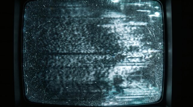 Close-up of an old television screen displaying heavy static and white noise, with a distressed, grainy texture.
