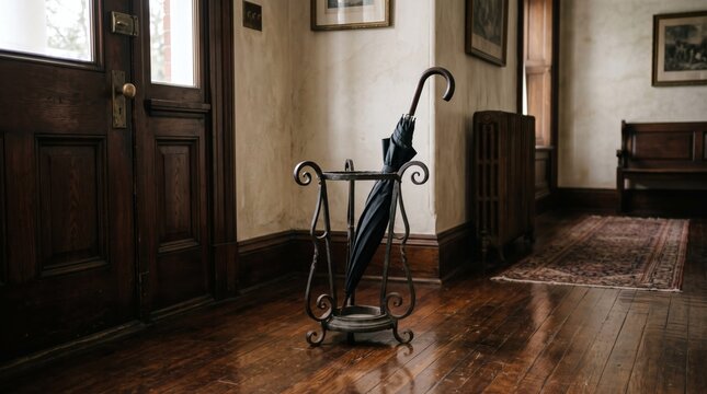 A dark blue umbrella stands in an ornate metal holder on a polished wooden floor in a dimly lit hallway with wooden doors and a bench.